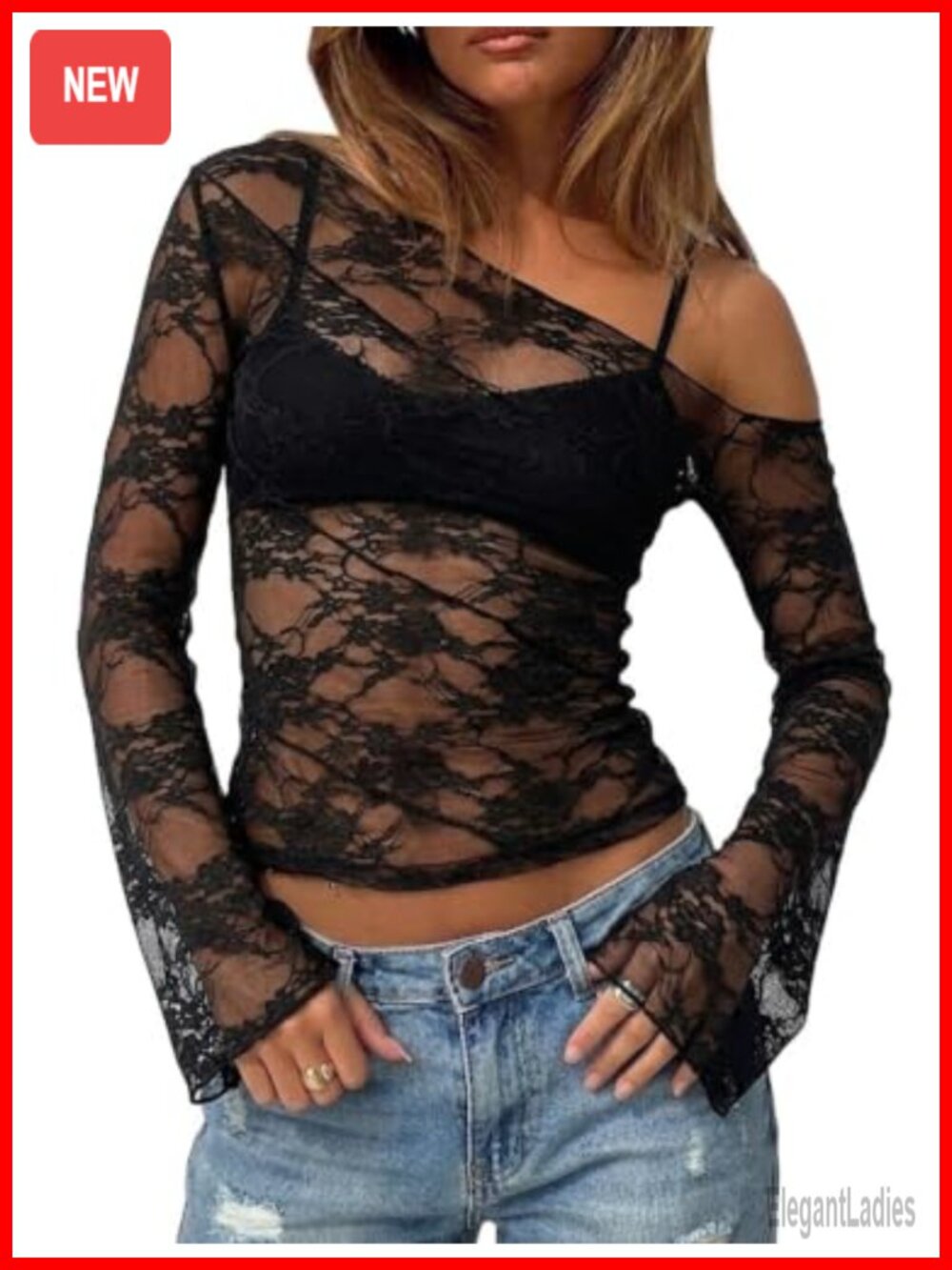 Women's Off Shoulder Lace Mesh Top Long Sleeve Y2K Going Out Shirt